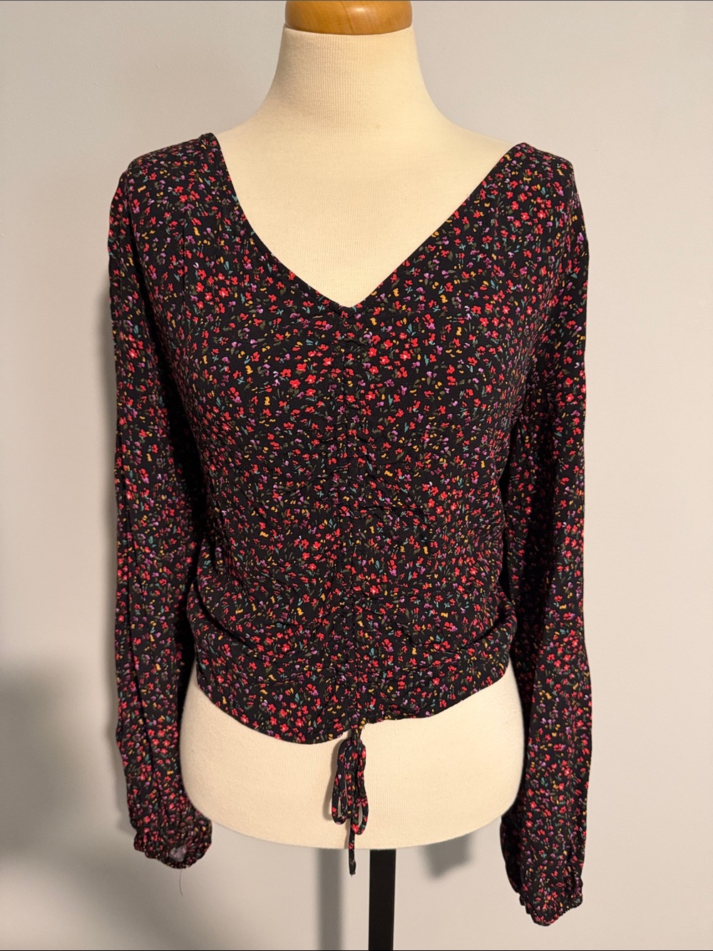 V-Neck Black Floral Tie-Hem Blouse